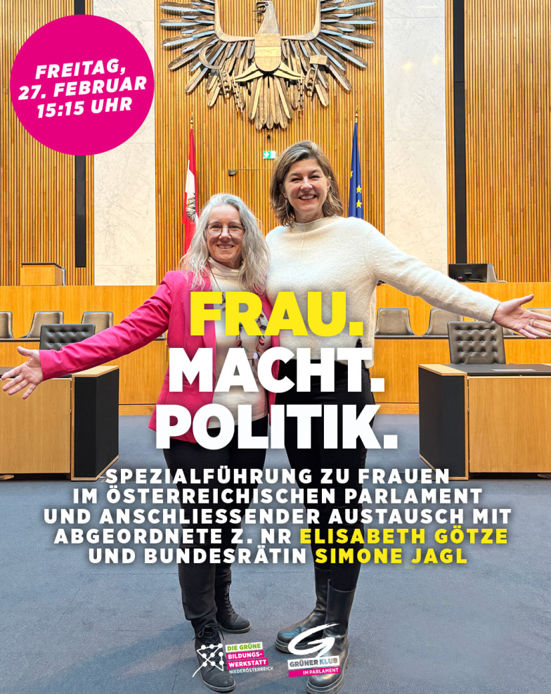 Simone Jagl und Elisabeth Götze im Parlament mit der Aufschrift Frau.Macht.Politik.