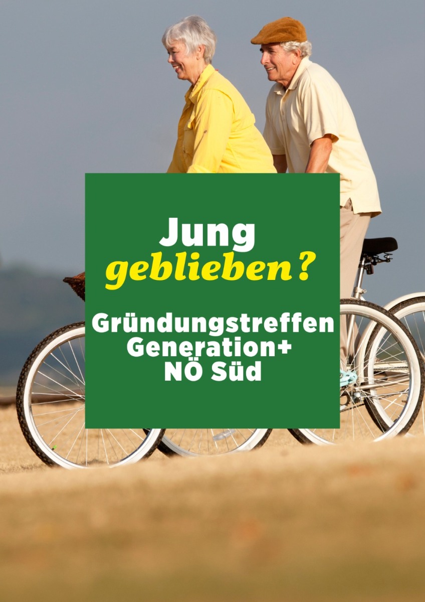 2 Senior:innen auf Fahrrad mit Schrift im Vordergrund "Jung geblieben"
